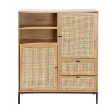 Calicosy – Buffet haut en rotin naturel – L100 x H40 x H120 cm – 2 portes, 2 tiroirs, 2 niches – Meuble en kit à monter soi-même
