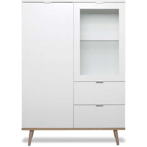 Vaisselier blanc et chêne sonoma avec 2 portes vitrées et 2 tiroirs H140 cm – Panneaux de particules et pieds en bois massif (1/6)