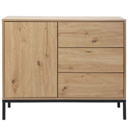Calicosy – Commode 1 porte 3 tiroirs décor chêne L90 x H80 cm – Panneaux de particules FSC – Piétement métal noir – Ouverture tiroirs push/pull (1/5)