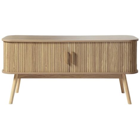 Calicosy – Meuble TV 2 portes coulissantes 120 cm – Décor chêne – Poignée en bois véritable – 4 pieds en bois – Séparation verticale (1/5)