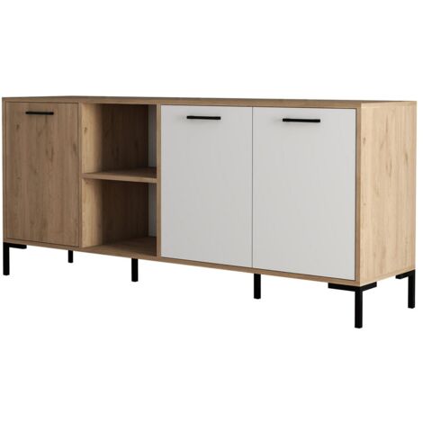 CALICOSY - Buffet 2 niches 3 portes décor chêne et blanc L180 cm - Aurora
