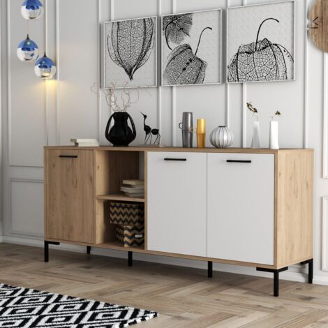 CALICOSY - Buffet 2 niches 3 portes décor chêne et blanc L180 cm - Aurora