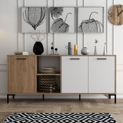 CALICOSY - Buffet 2 niches 3 portes décor chêne et blanc L180 cm - Aurora