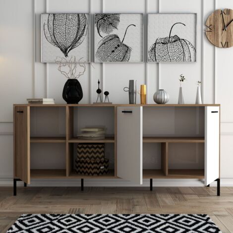 CALICOSY - Buffet 2 niches 3 portes décor chêne et blanc L180 cm - Aurora
