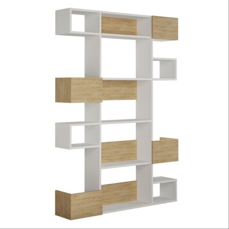 Bibliothèque Bicolore en Chêne et Blanc, Design Moderne, 120x171x25,3 cm, Pour Salon ou Hall d'Entrée