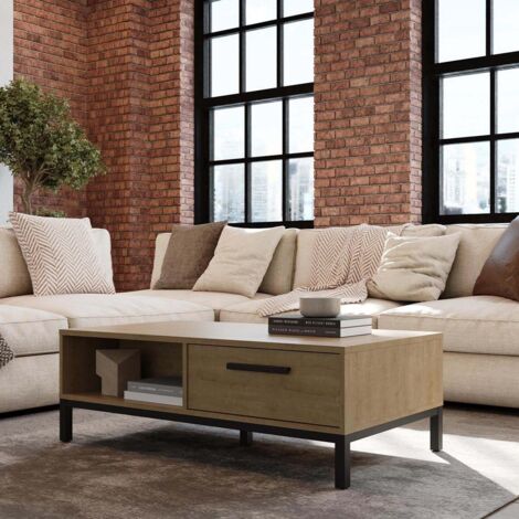 Table Basse Rectangle En Chêne Et Motif Noir – 2 Tiroirs Et 2 Niches, Neuve