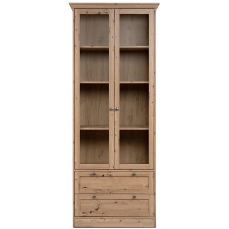 Calicosy – Vitrine 2 portes vitrées et 2 tiroirs L80 cm – MDF avec finitions mélamine – Poignées métal vintage – Hauteur 200 cm, largeur 45 cm (1/5)