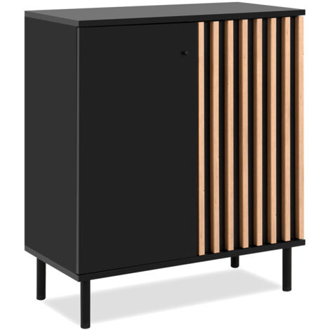 Calicosy – Buffet 2 portes noir mat et bois L80 cm – Pieds arrondis en métal – Décor anti-traces de doigts – 1 étagère par porte (1/7)
