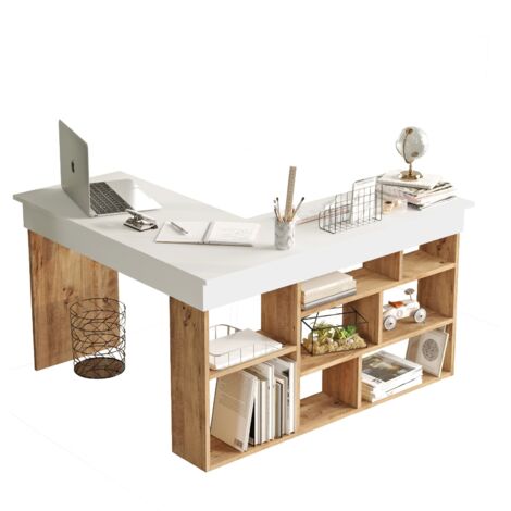 Cotecosy – Bureau d'angle avec rangements 129x120 cm – Finition mélaminée résistante – 8 étagères pour optimisation de l'espace – Blanc et naturel