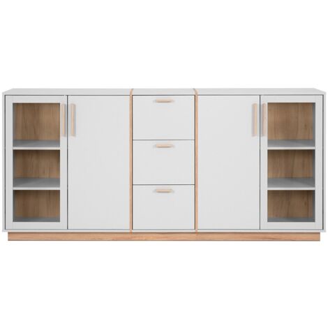 CALICOSY - Buffet 4 portes et 3 Tiroirs Décor Blanc et Bois L204 cm - SPLIT (1/5)