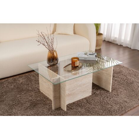 Calicosy – Table basse fixe en mélamine couleur travertin 105 cm – Verre trempé 18 mm – Design épuré pour salon moderne – Dimensions 105x65x40 cm
