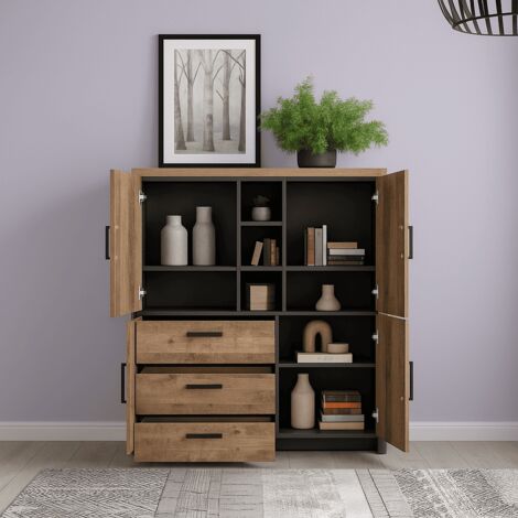 Buffet Haut BUT 3 Portes 2 Tiroirs – Chêne Blanchi – Dimensions 156x137x46 Cm – Neuf