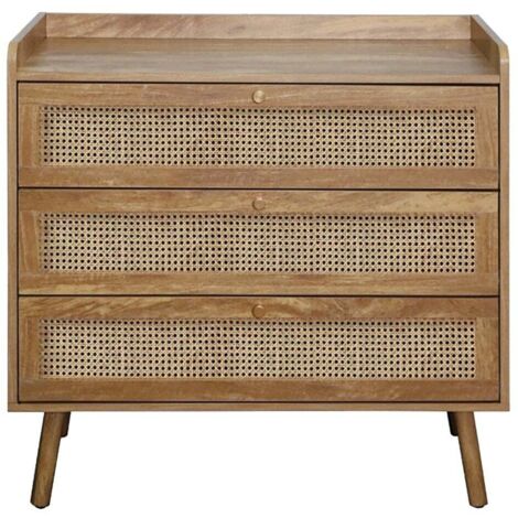 Calicosy – Commode 3 tiroirs en rotin naturel L80 cm – Façades en rotin – Poignées en métal doré – Pieds en bois naturel (1/5)