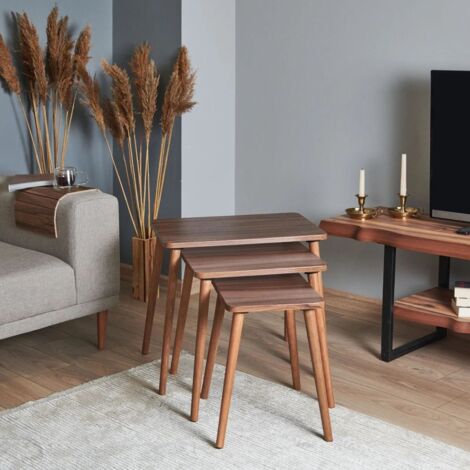 Lot De 2 Tables Basses Design Organique - Plateaux Imitation Bois, Pieds Lattes - Collection Théa - L80 X L60 X H40 Cm