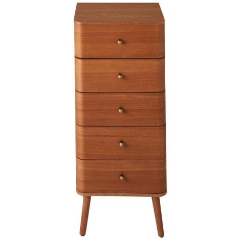 Calicosy – Chiffonnier 5 tiroirs H100 cm – Façades bords arrondis – Corps placage bois et pieds en pin véritable – Dimensions 42x35 cm