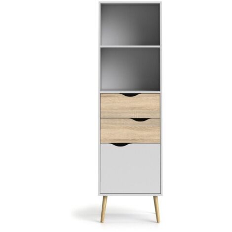 CALICOSY - Etagère 2 tiroirs, 1 porte blanc et décor chêne H171,3 cm - BILLUND (1/5)