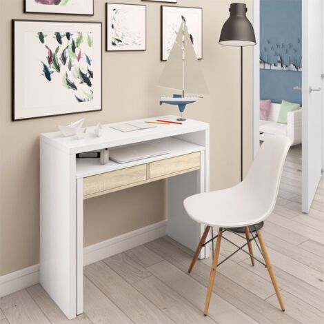 Bureau console extensible 2 tiroirs – Longueur 100 cm – Structure en panneau de particules mélaminés – Idéal pour petits espaces – Usinestreet