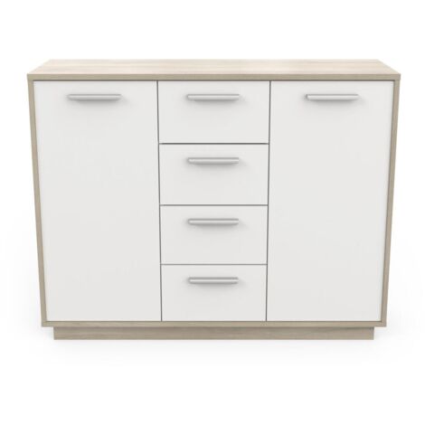 CALICOSY - Buffet 2 portes 4 tiroirs, décor bois et blanc L113 cm - Léo