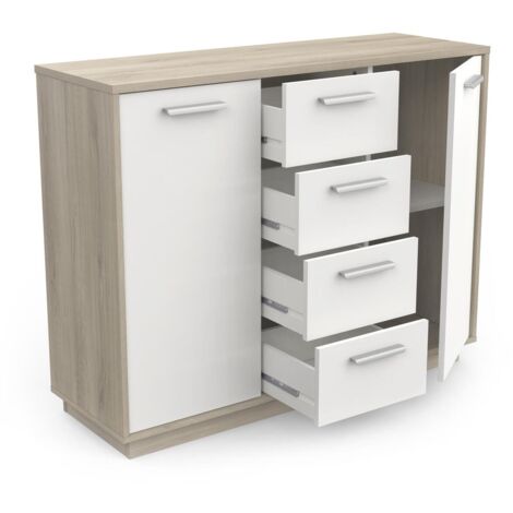 CALICOSY - Buffet 2 portes 4 tiroirs, décor bois et blanc L113 cm - Léo