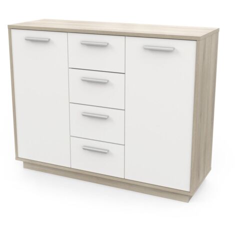 CALICOSY - Buffet 2 portes 4 tiroirs, décor bois et blanc L113 cm - Léo