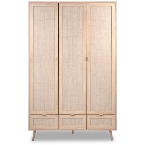 Calicosy – Armoire 3 portes 3 tiroirs 2 penderies L120 cm – Impression rotin décor cannage – Pieds en bois massif – Fabrication européenne (1/4)