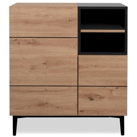 Buffet haut 2 portes 2 niches L80 cm – Finition chêne et noir – Design moderne avec rangement modulable – Dimensions compactes 80x41,8x90,4 cm (1/5)
