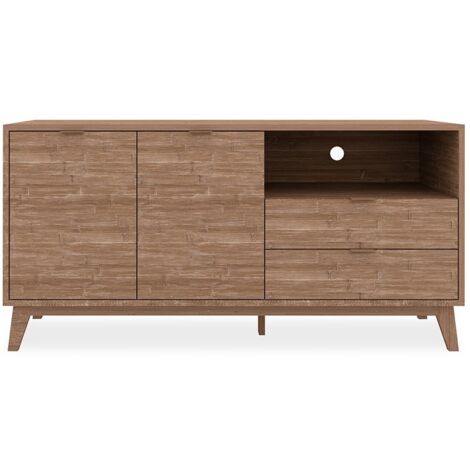 CALICOSY - Meuble TV 2 portes, 2 tiroirs et 1 niche décor bois L140 cm - BUDAPEST (1/5)