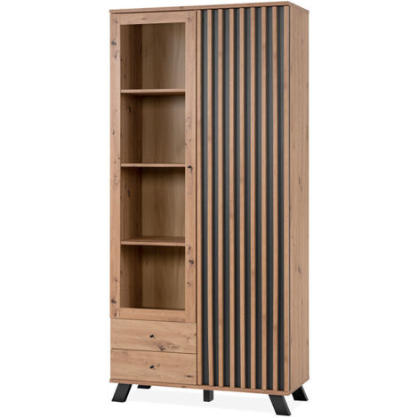 Vitrine Medan52A 2 portes vitrée et 2 tiroirs – Chêne anthracite – 198 cm de hauteur – 40 cm de largeur – Panneaux de particules haute qualité