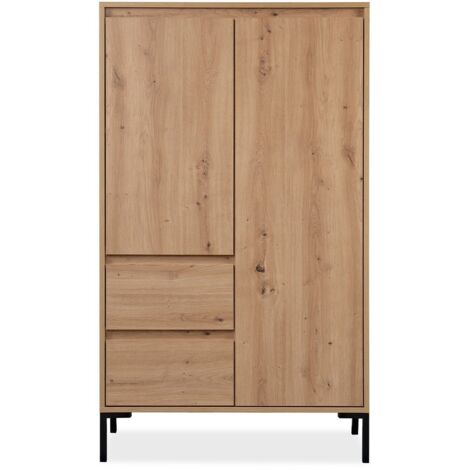 Buffet haut 2 portes 2 tiroirs 2 étagères H139 cm – Décor chêne artisan – Pieds en métal – Rangement optimisé pour intérieur (1/5)