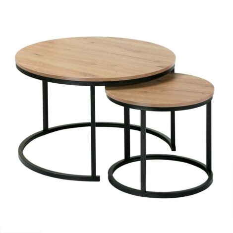 Calicosy – Lot de 2 tables basses gigognes rondes 70 cm – Panneaux mélaminés double face – Pieds en métal noir – Design industriel pour petits espaces