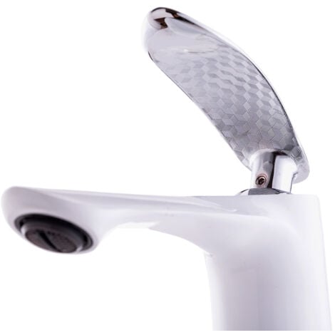 Grifo Lavabo Latón/Zinc, Blanco, Agua Caliente-Fría, Latiguillos, Caño Bajo, Monomando [QLI-FA-7783