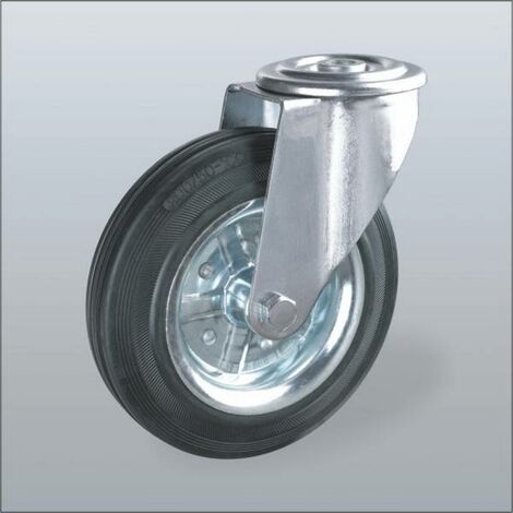 RUOTA IN GOMMA NERA NUCLEO SUPPORTO ZINC. CON FORO RUOTE GIREVOLI FRENO CARRELLI