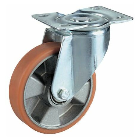 RUOTA POLIURETANO NUCLEO ALLUMINIO CON SUPPORTO ZINC. RUOTE GIREVOLI FISSE FRENO