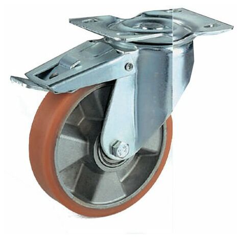 RUOTA POLIURETANO NUCLEO ALLUMINIO CON SUPPORTO ZINC. RUOTE GIREVOLI FISSE FRENO