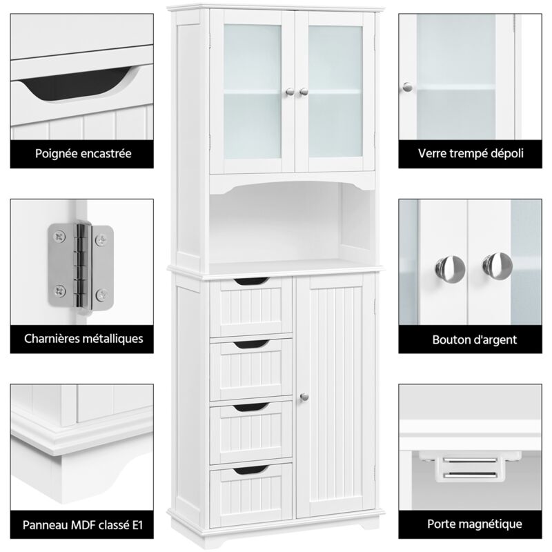 Meuble Colonne étroit 180cm Blanc - Avec Portes Verre Trempé, étagères Réglables - Pour Salle De Bain, Salon, Cuisine