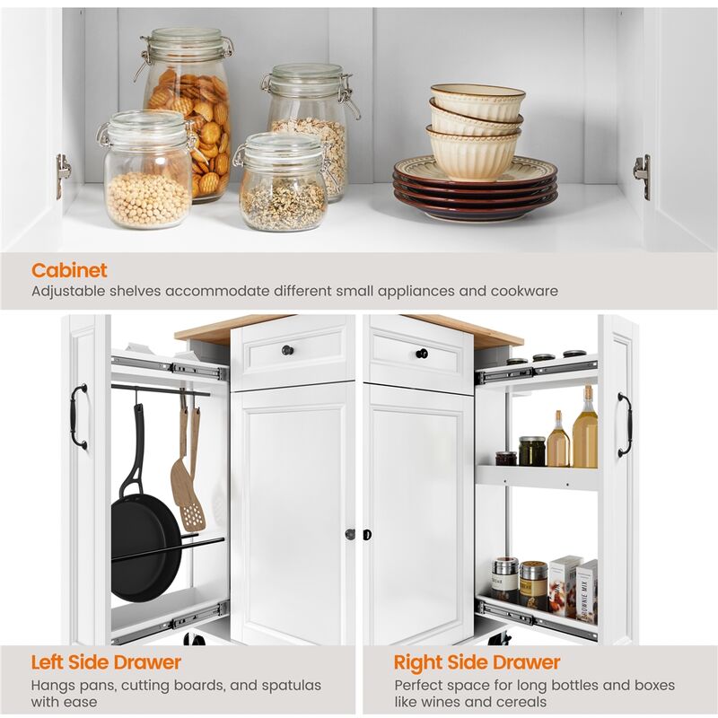 Desserte De Cuisine 137 Cm, Îlot De Cuisine Avec Plan De Travail Rabattable Meuble De Cuisine Sur 6 Roulettes Verrouillables Avec Etagere Etagere De Porte 2 Grands Tiroirs Blanc 90204806