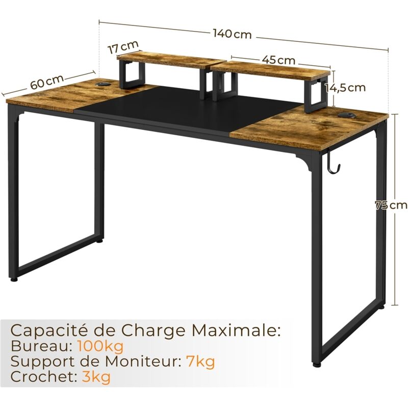 Yaheetech Bureau Informatique 140x60x75cm - Brun Rustique, Support Moteur Mobile, Œillets Câbles, Crochet Écouteur - Bureau Gaming/Travail/Étude