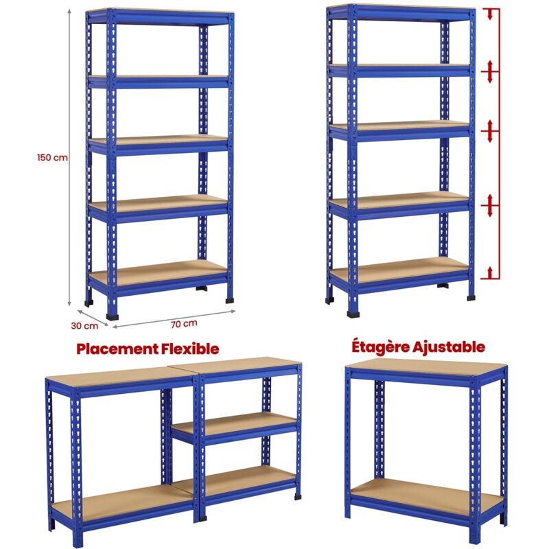 Yaheetech Étagère Métallique 5 Niveaux 150x70x30 Cm - Charge 150 Kg/étagère, Sans Boulons, Pour Garage, Cuisine, Atelier