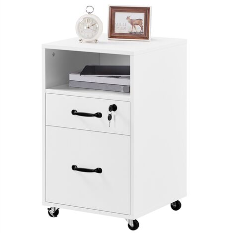 Yaheetech – Caisson de bureau sur roulettes 2 tiroirs – Compartiment ouvert – MDF blanc – Dimensions 40 × 40 × 65,5 cm – Capacité 50 kg