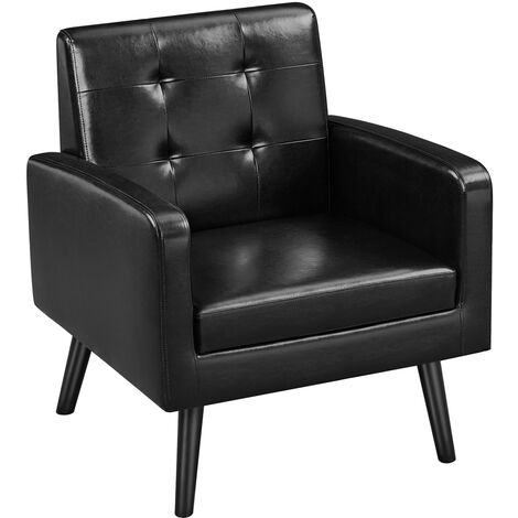 Yaheetech – Fauteuil relax moderne en similicuir noir – Dossier capitonné – Pieds en bois d'hévéa – Assise profonde 55x52cm pour salon ou bureau (1/5)