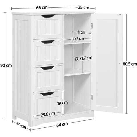 Yaheetech Meuble Rangement, Armoire avec 4 Tiroirs/1 Porte/Etagère Réglable pour Salle de Bain/Salon/Cuisine/Chambre/Toilette 66 × 35 × 90 cm/Blanc