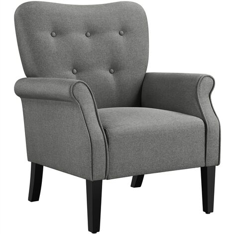Yaheetech – Fauteuil club moderne en tissu polyester – Dossier capitonné – Pieds en bois – Confort optimal pour salon et chambre – Gris foncé
