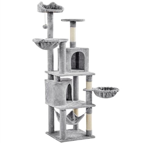 Yaheetech – Arbre à chat géant 175 cm – 2 plateformes, 2 paniers, 2 condos en peluche – Cordes en sisal naturel gris clair