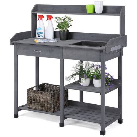 Yaheetech Table de Préparation pour Semis en Bois Plan de Travail avec Tiroirs Amovibles et Etagères de Rangement en Bois Gris