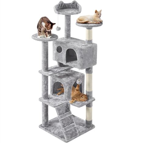 Yaheetech Arbre à Chat avec 2 Niches 3 Plateformes 2 Boules Sisal Naturel Arbre à Grimper Multi-Niveaux Hauteur 158cm Idéal pour 3-4 Chats Gris Clair