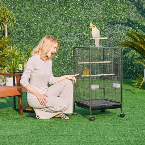 Yaheetech Cage à Oiseaux sur Pied Cage à Oiseaux en Métal à roulettes avec Fond Amovible 45,5 × 45,5 × 100,5 cm