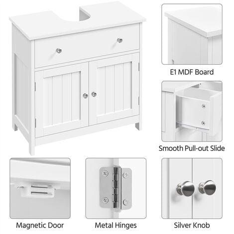 Yaheetech Meuble sous Lavabo Salle de Bain Armoire de Rangement pour Vasque avec Tiroir et 2 Portes en MDF Anti-humidité Meuble de Rangement 60 × 30 × 60 cm Blanc