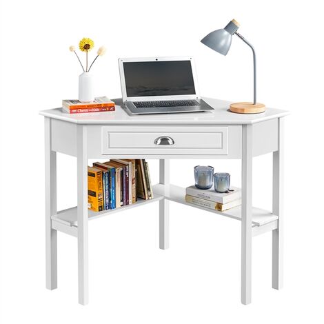 Yaheetech – Bureau d'angle en MDF et bois de pin – 106 cm L × 71,5 cm l × 76,5 cm H – Tiroir et étagères de rangement – Design élégant blanc