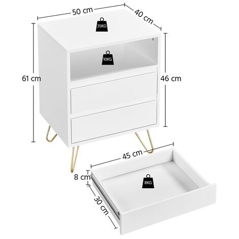 Table De Chevet Scandinave Yaheetech - 2 Tiroirs, Gris, 57cm, En MDF Et Métal