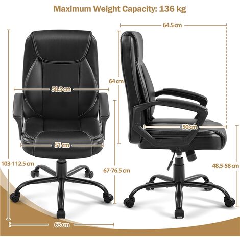 Yaheetech Chaise de Bureau Erconomique Fauteuil de Bureau en Similicuir Hauteur Réglable Dossier Inclinable Siège Rembourré Noir